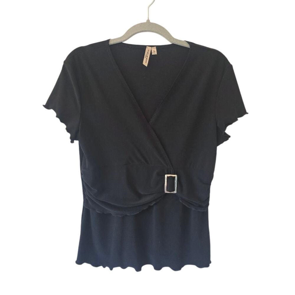 Susan Lawrence Petites Black Faux Wrap Buckle Top PL Y2K Going Out Career